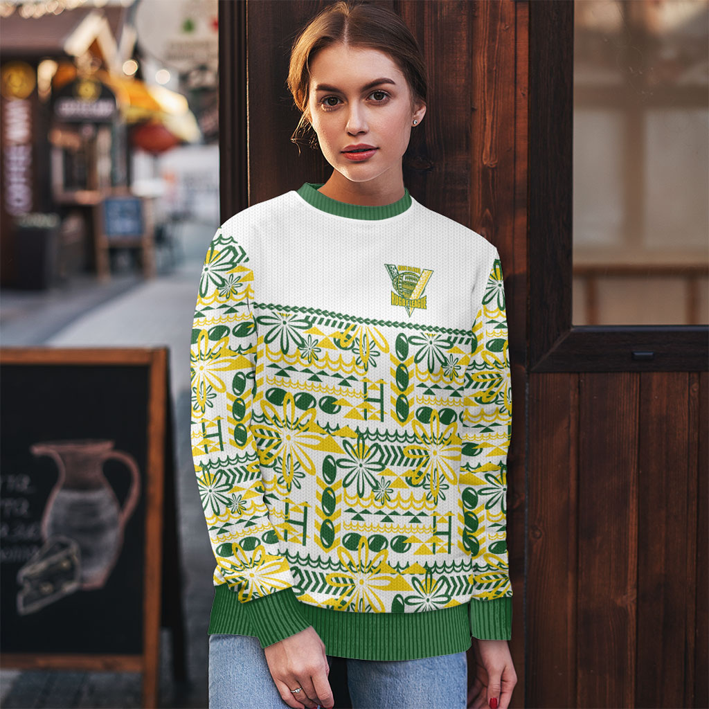Cook Islands Island Floral Ugly Christmas Sweater White Traditional Kuki's Geometric Pattern LT9 - Polynesian Pride