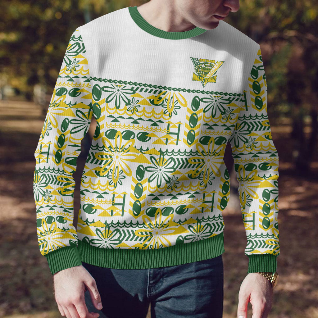 Cook Islands Island Floral Ugly Christmas Sweater White Traditional Kuki's Geometric Pattern LT9 - Polynesian Pride
