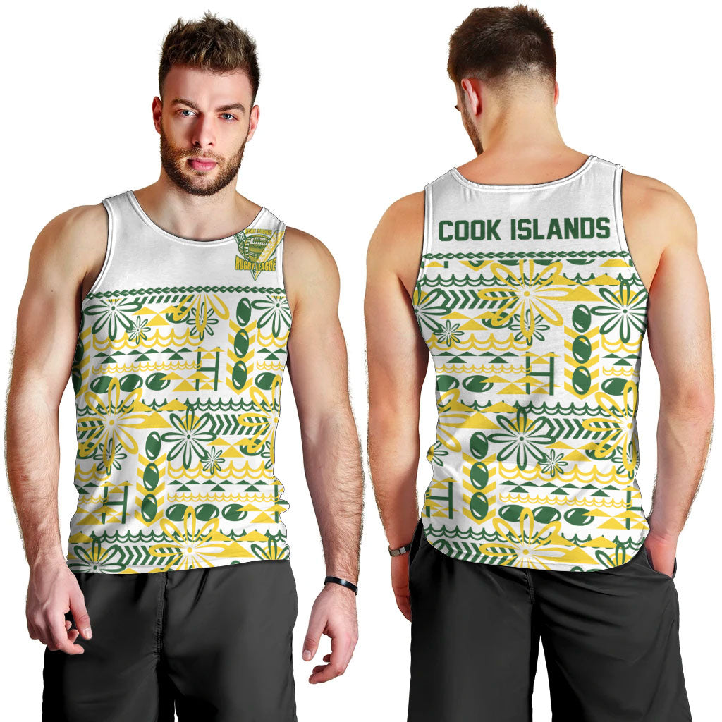 Cook Islands Island Floral Men Tank Top White Traditional Kuki's Geometric Pattern LT9 - Polynesian Pride