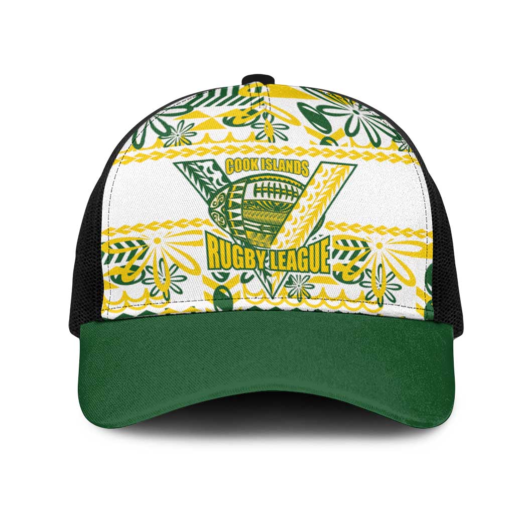 Cook Islands Island Floral Mesh Trucker Cap White Traditional Kuki's Geometric Pattern