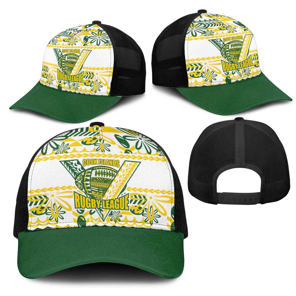 Cook Islands Island Floral Mesh Trucker Cap White Traditional Kuki's Geometric Pattern