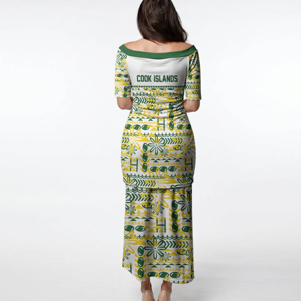 Cook Islands Island Floral Puletasi White Traditional Kuki's Geometric Pattern LT9 - Polynesian Pride