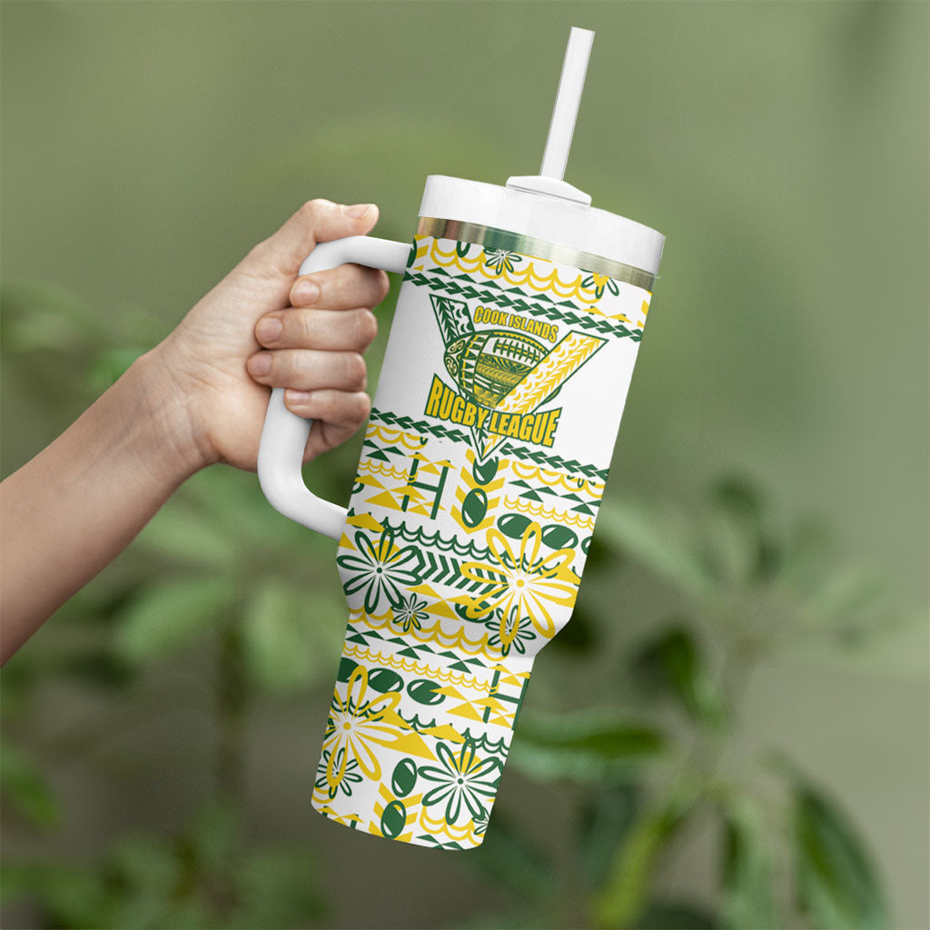 Cook Islands Island Floral Tumbler With Handle White Traditional Kuki's Geometric Pattern