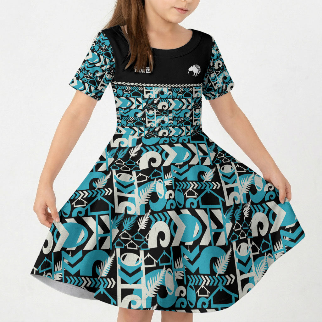 Aotearoa New Zealand Kiwis Tima Riki Motu Kid Short Sleeve Dress LT9 KID Black - Polynesian Pride