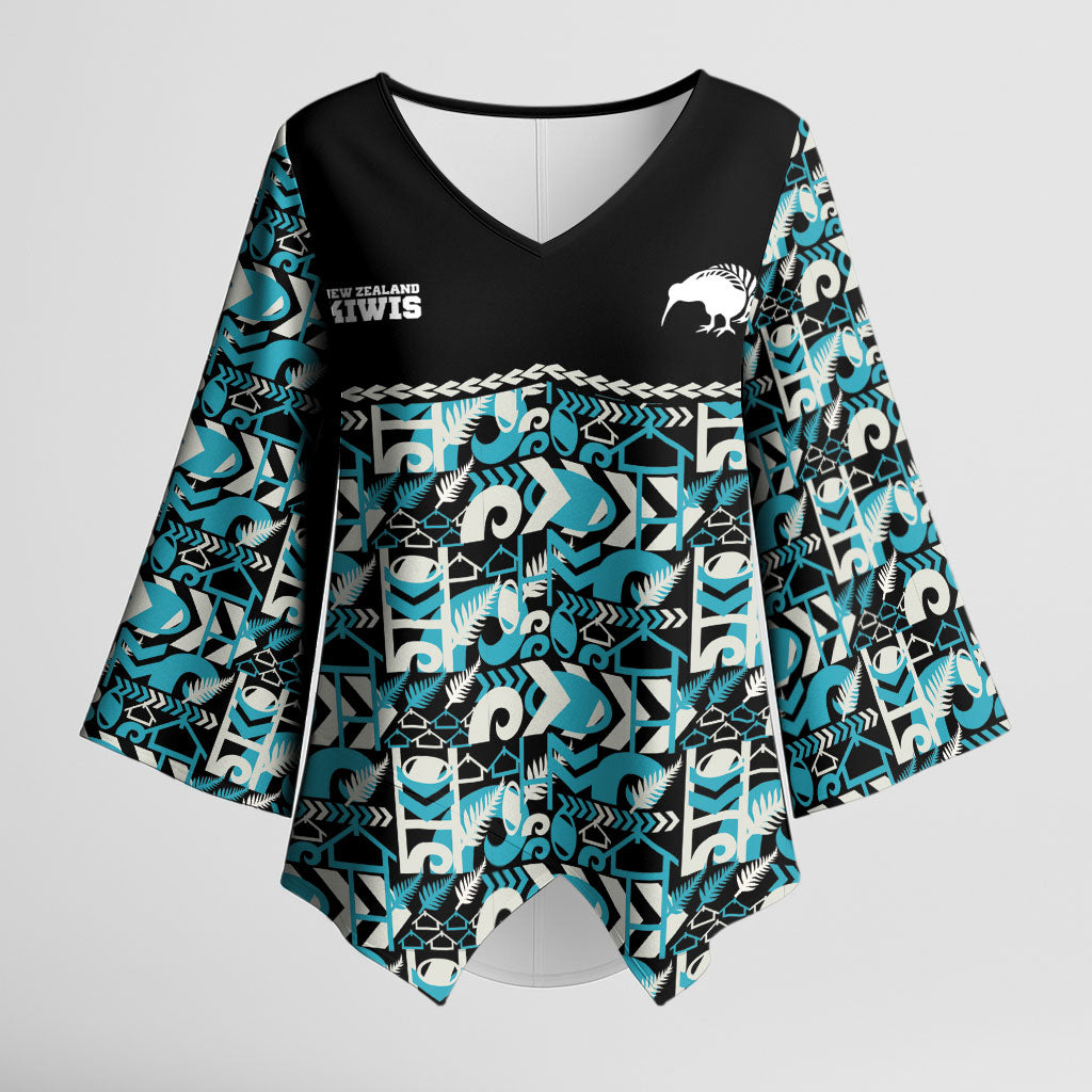 Aotearoa New Zealand Kiwis Tima Riki Motu Kimono Sleeve Blouse LT9 Female Black - Polynesian Pride