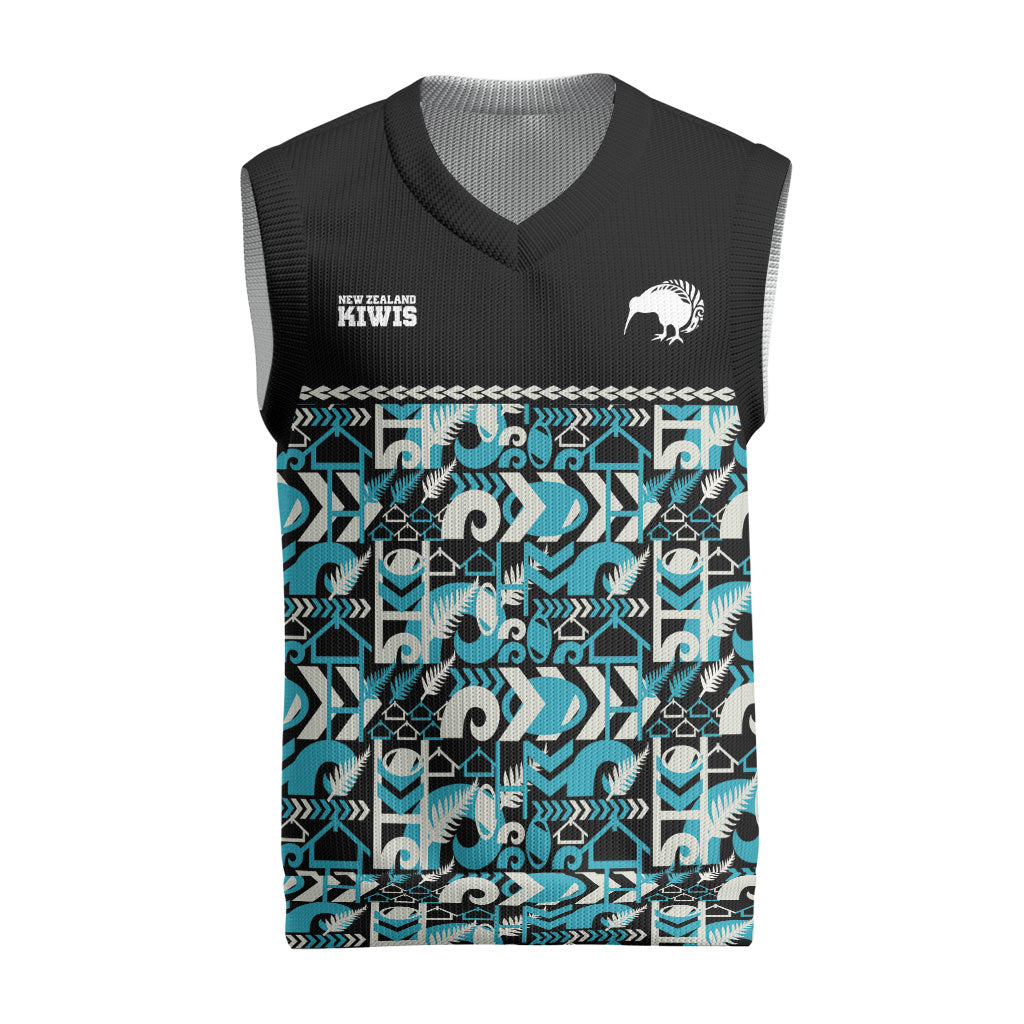 Aotearoa New Zealand Kiwis Tima Riki Motu Christmas Knitted V-Neck Vest LT9 Black - Polynesian Pride