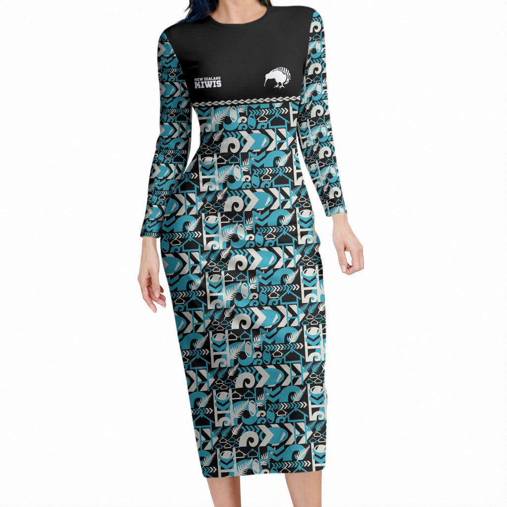 Aotearoa New Zealand Kiwis Tima Riki Motu Long Sleeve Bodycon Dress LT9 Long Dress Black - Polynesian Pride