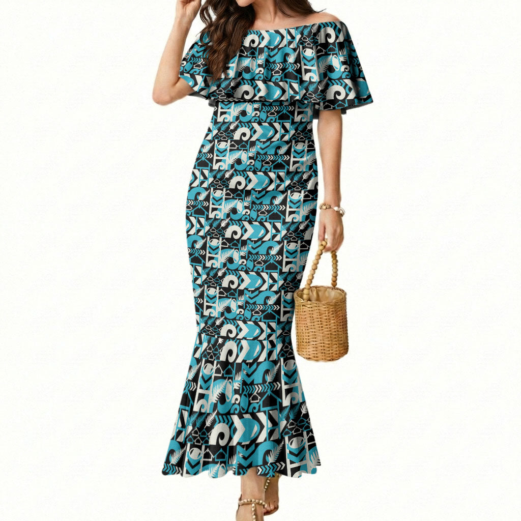 Aotearoa New Zealand Kiwis Tima Riki Motu Mermaid Dress LT9 Women Black - Polynesian Pride
