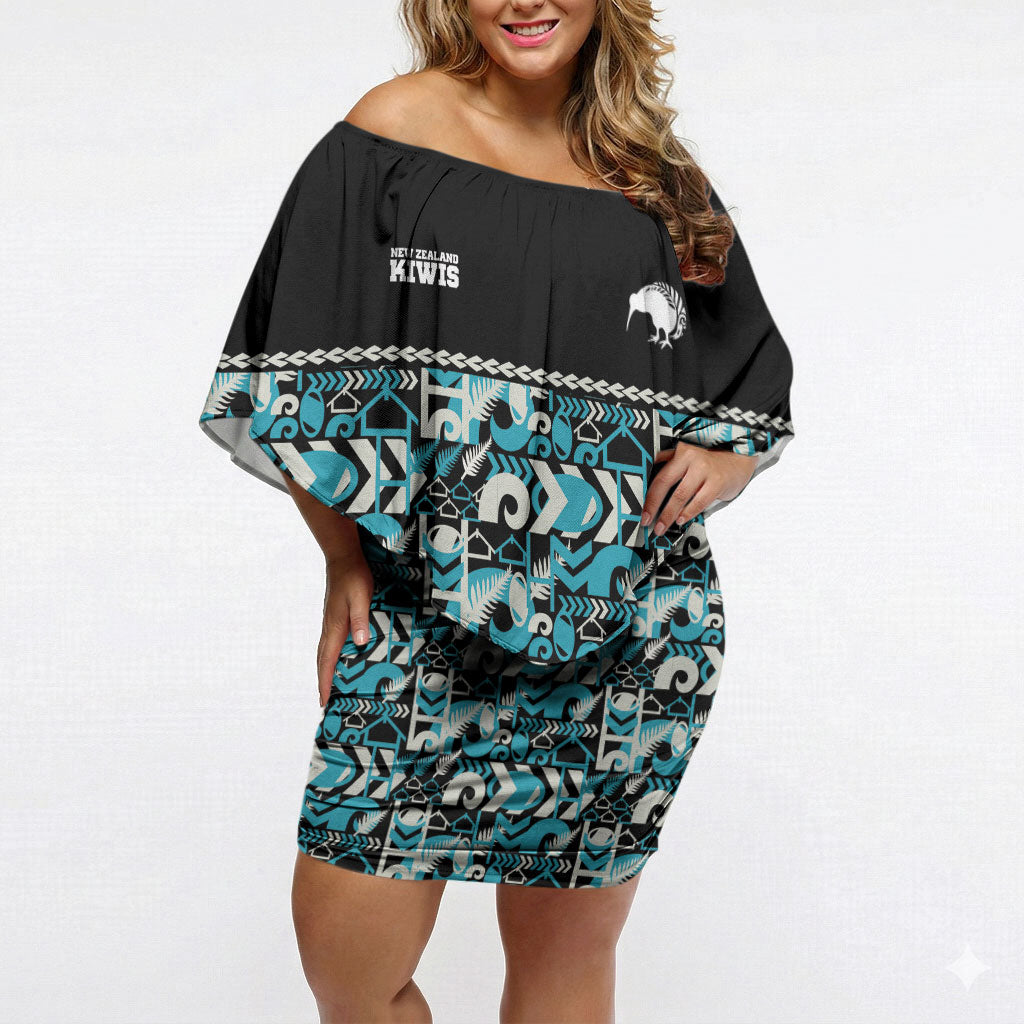 Aotearoa New Zealand Kiwis Tima Riki Motu Off Shoulder Short Dress LT9 Women Black - Polynesian Pride
