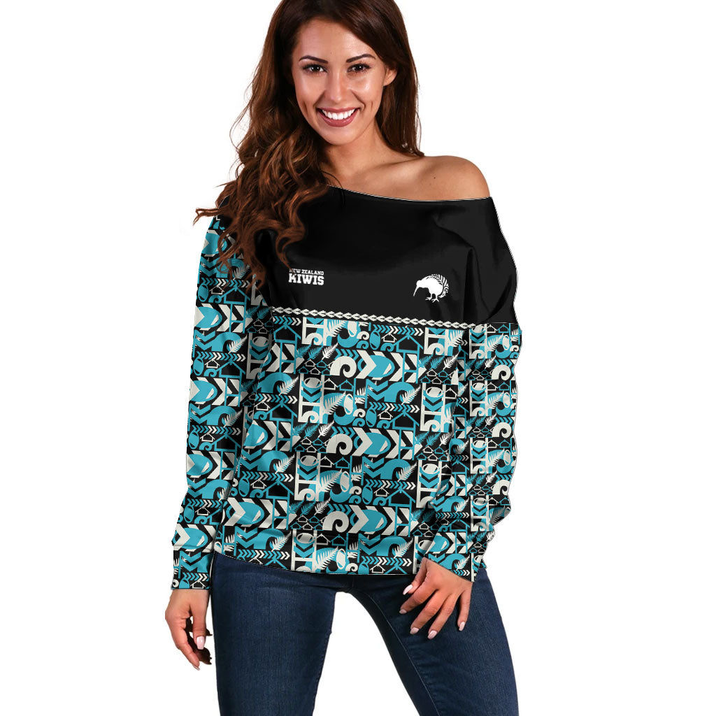 Aotearoa New Zealand Kiwis Tima Riki Motu Off Shoulder Sweater LT9 Women Black - Polynesian Pride