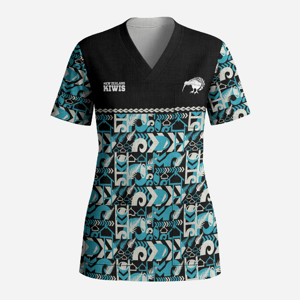 Aotearoa New Zealand Kiwis Tima Riki Motu Scrub Top LT9 Adult Black - Polynesian Pride