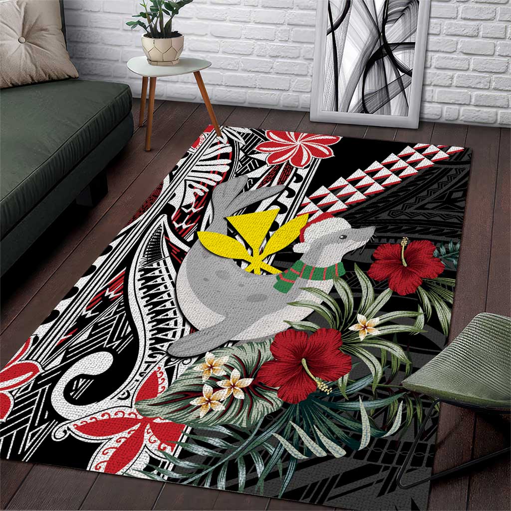 Hawaii Monk Seal Santa Area Rug Hibiscus Kakau Pattern Mele Kalikimaka LT9 Black - Polynesian Pride
