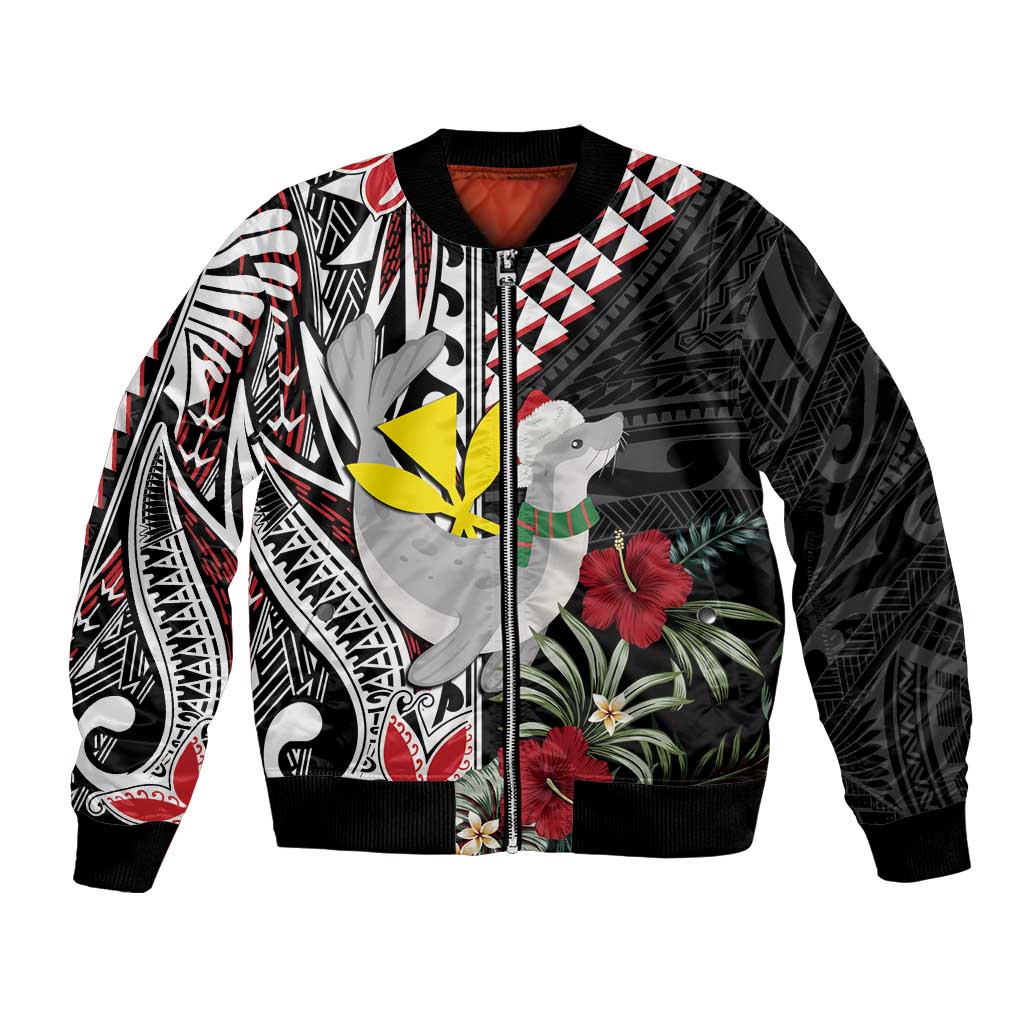 Hawaii Monk Seal Santa Bomber Jacket Hibiscus Kakau Pattern Mele Kalikimaka LT9 Unisex Black - Polynesian Pride