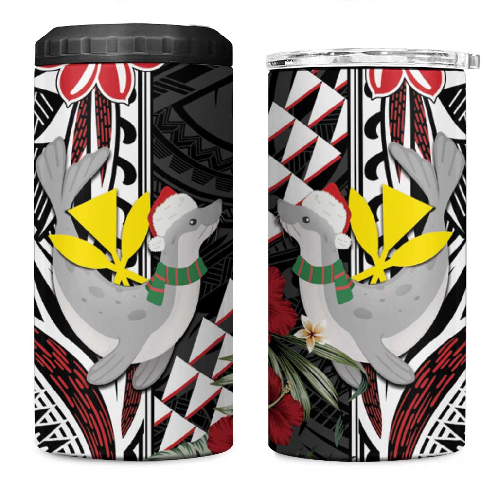 Hawaii Monk Seal Santa 4 in 1 Can Cooler Tumbler Hibiscus Kakau Pattern Mele Kalikimaka LT9 One Size: 16 oz Black - Polynesian Pride