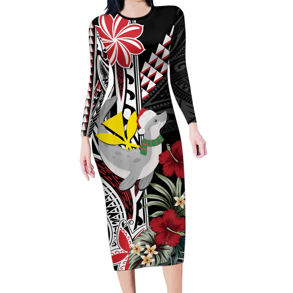 Hawaii Monk Seal Santa Long Sleeve Bodycon Dress Hibiscus Kakau Pattern Mele Kalikimaka LT9 Long Dress Black - Polynesian Pride