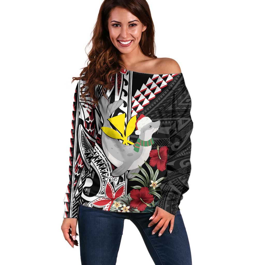 Hawaii Monk Seal Santa Off Shoulder Sweater Hibiscus Kakau Pattern Mele Kalikimaka LT9 Women Black - Polynesian Pride