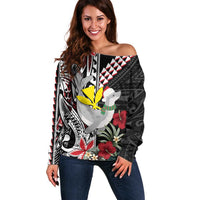Hawaii Monk Seal Santa Off Shoulder Sweater Hibiscus Kakau Pattern Mele Kalikimaka LT9 Women Black - Polynesian Pride