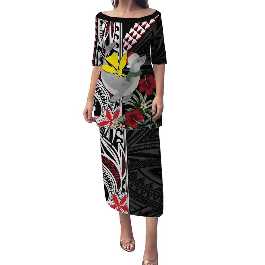 Hawaii Monk Seal Santa Puletasi Hibiscus Kakau Pattern Mele Kalikimaka LT9 Long Dress Black - Polynesian Pride