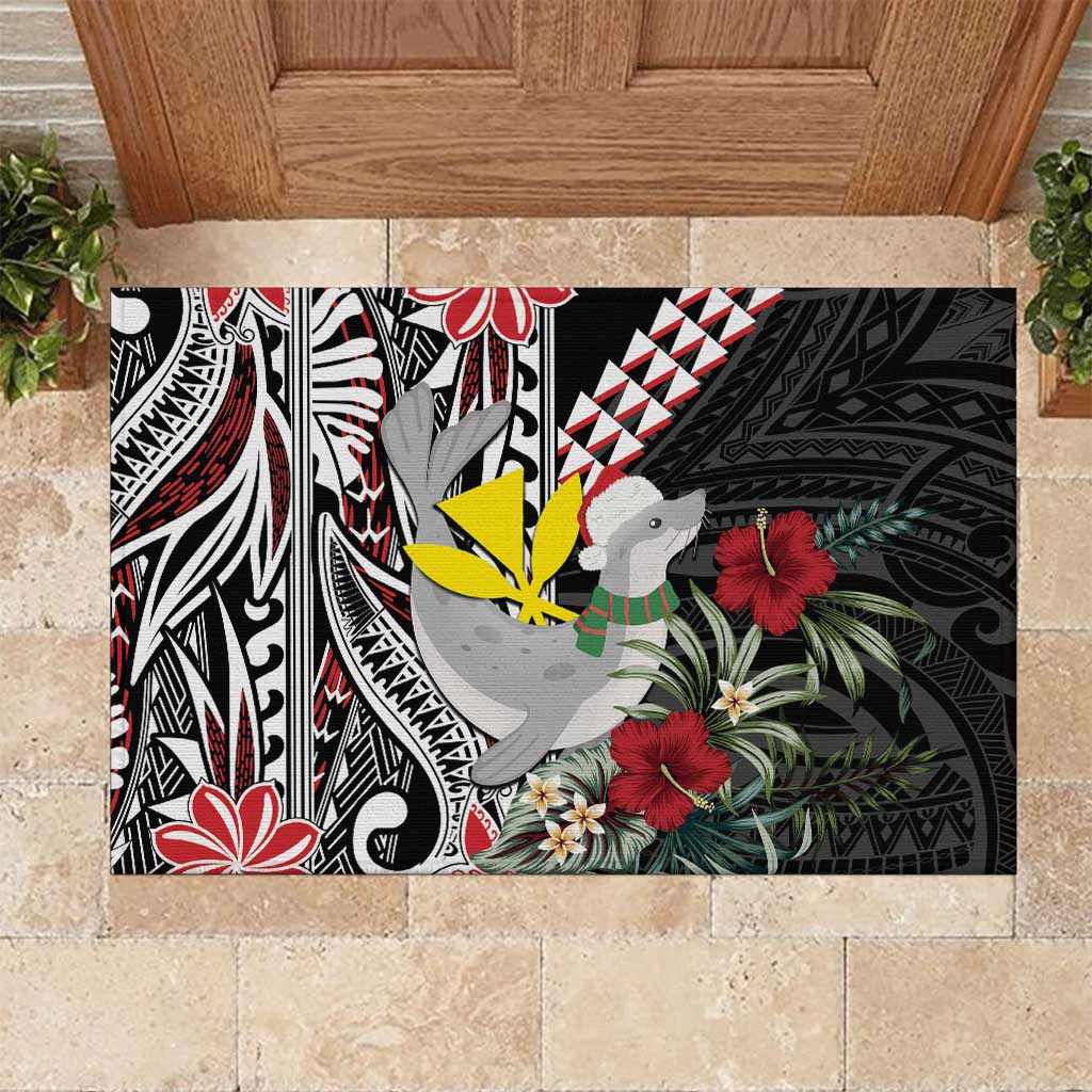Hawaii Monk Seal Santa Rubber Doormat Hibiscus Kakau Pattern Mele Kalikimaka LT9 Black - Polynesian Pride