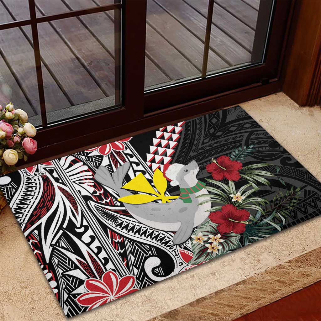 Hawaii Monk Seal Santa Rubber Doormat Hibiscus Kakau Pattern Mele Kalikimaka LT9 - Polynesian Pride