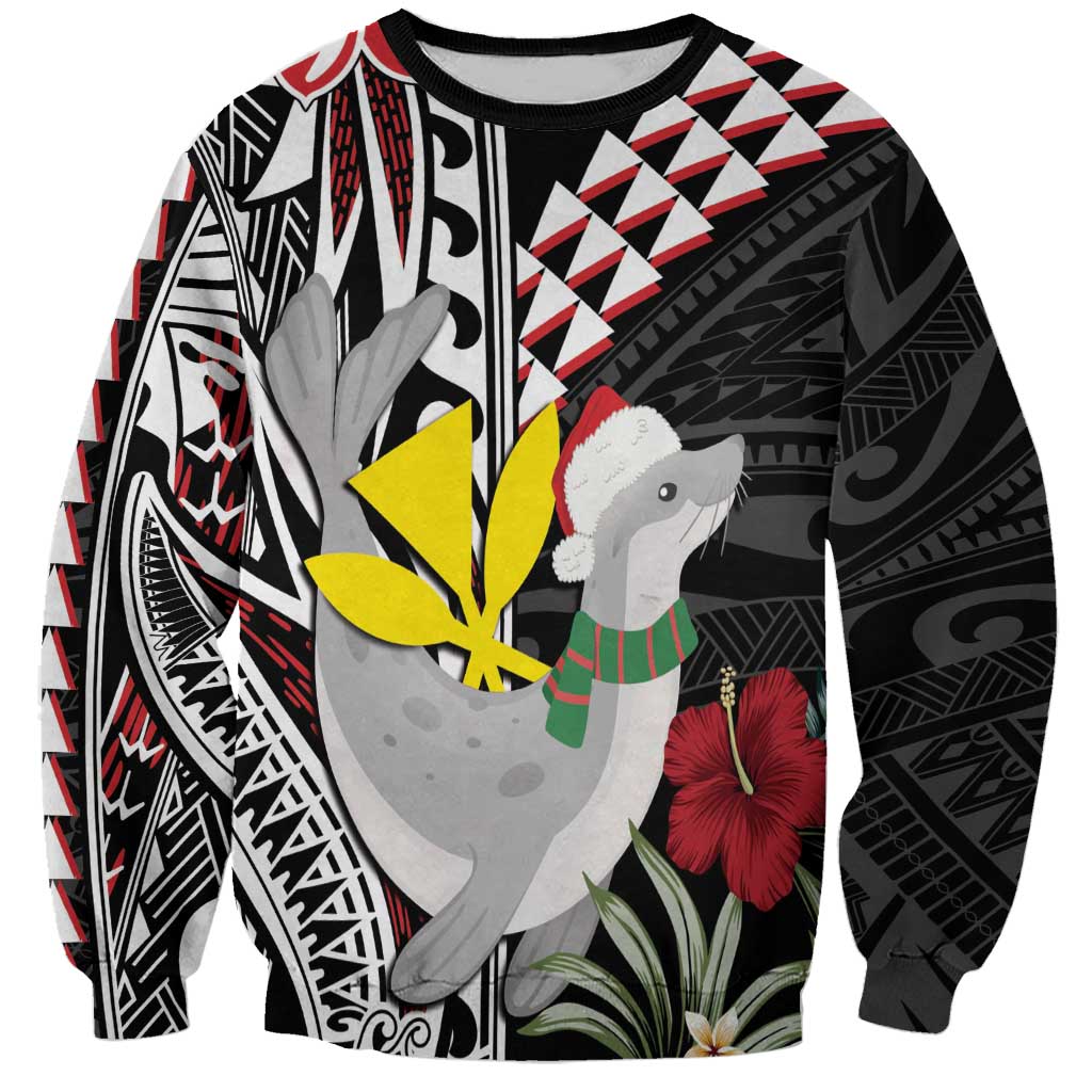 Hawaii Monk Seal Santa Sweatshirt Hibiscus Kakau Pattern Mele Kalikimaka LT9 Unisex Black - Polynesian Pride