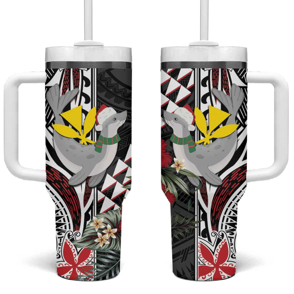 Hawaii Monk Seal Santa Tumbler With Handle Hibiscus Kakau Pattern Mele Kalikimaka LT9 One Size: 40 oz Black - Polynesian Pride