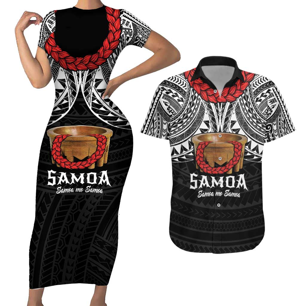 Samoan Tanoa Kava Bowl Ula Fala Couples Matching Short Sleeve Bodycon Dress and Hawaiian Shirt Polynesian Tribal Vibe