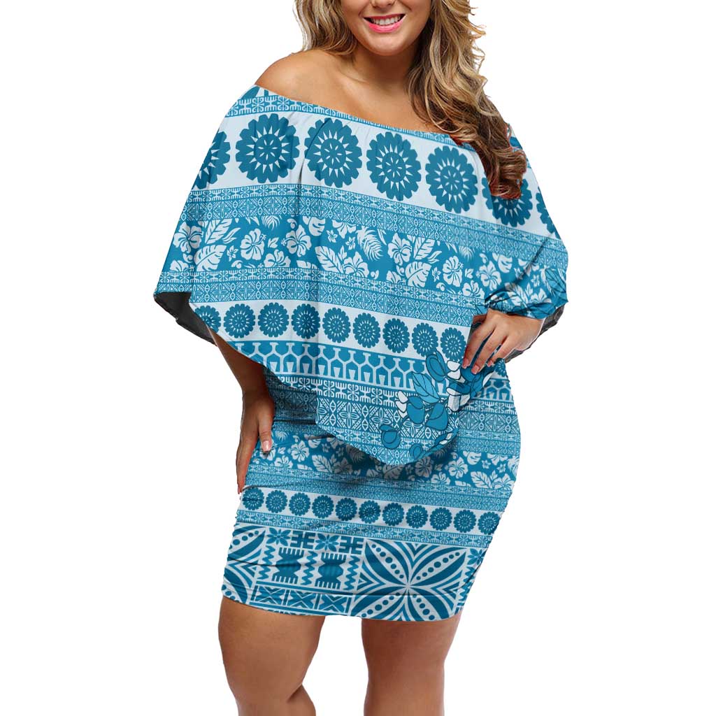 Fiji Marau na Kerisimasi Off Shoulder Short Dress Aqua Tagimoucia Tapa Masi Tribal LT9 Women Aqua - Polynesian Pride