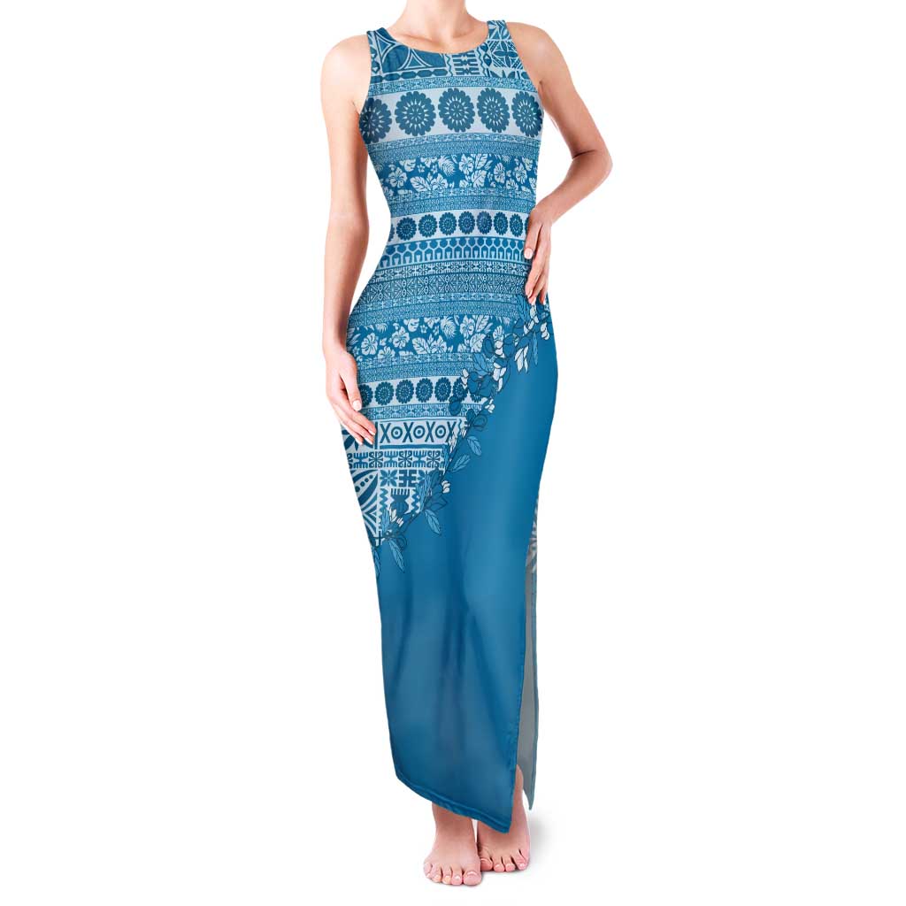 Fiji Marau na Kerisimasi Tank Maxi Dress Aqua Tagimoucia Tapa Masi Tribal LT9 Women Aqua - Polynesian Pride