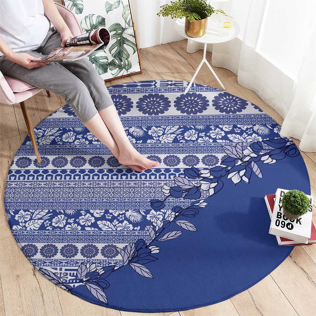 Fiji Marau na Kerisimasi Round Carpet Blue Tagimoucia Tapa Masi Tribal LT9 - Polynesian Pride