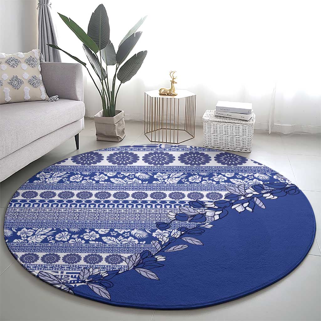 Fiji Marau na Kerisimasi Round Carpet Blue Tagimoucia Tapa Masi Tribal LT9 - Polynesian Pride