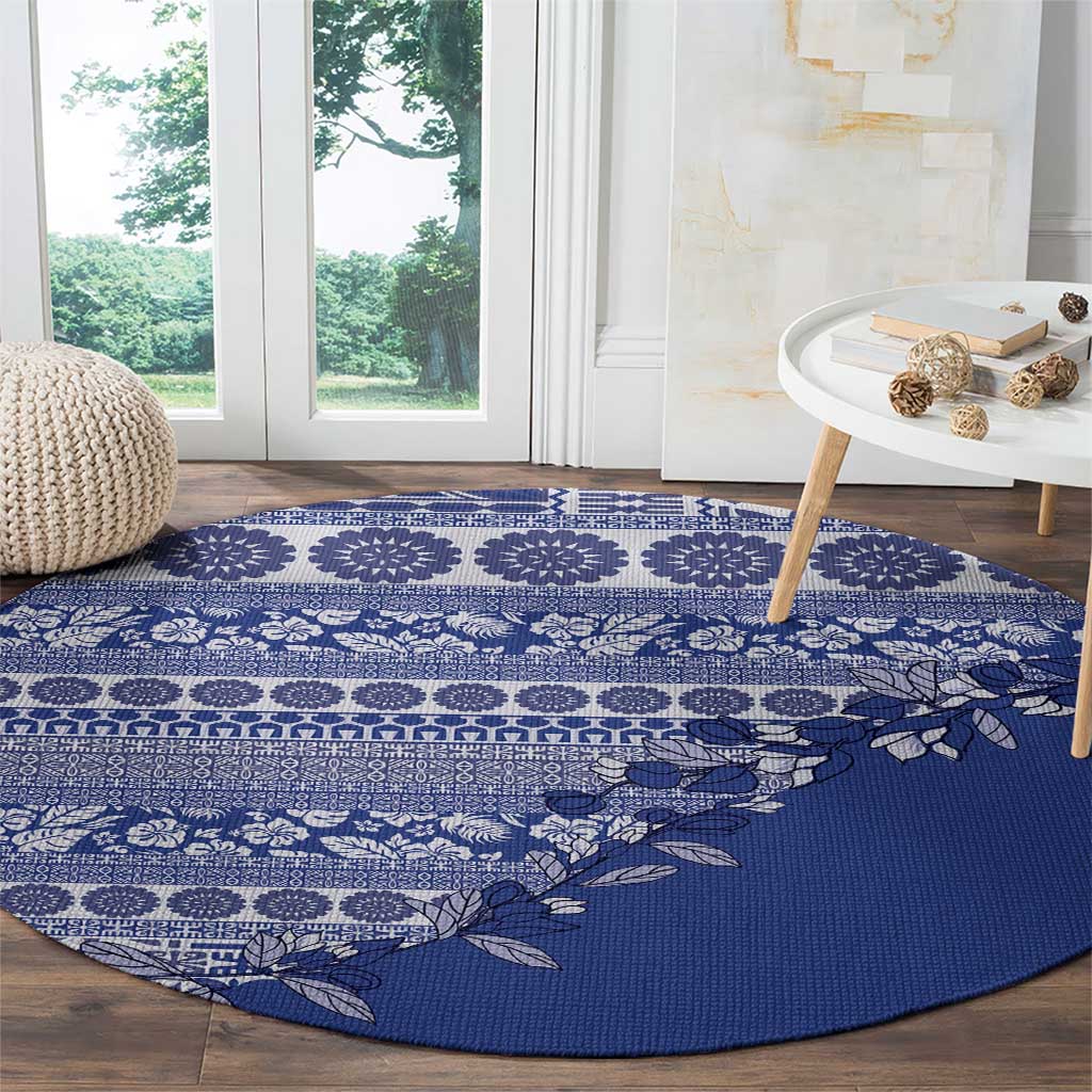 Fiji Marau na Kerisimasi Round Carpet Blue Tagimoucia Tapa Masi Tribal LT9 - Polynesian Pride