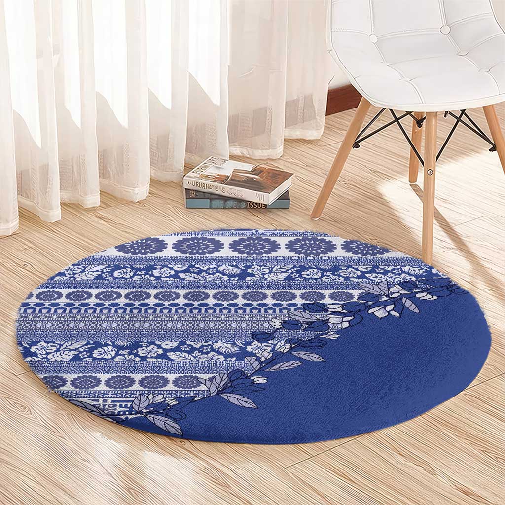 Fiji Marau na Kerisimasi Round Carpet Blue Tagimoucia Tapa Masi Tribal LT9 - Polynesian Pride