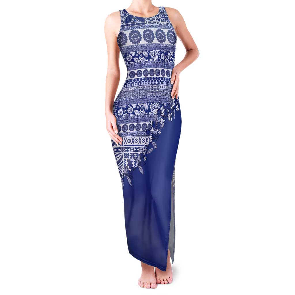 Fiji Marau na Kerisimasi Tank Maxi Dress Blue Tagimoucia Tapa Masi Tribal LT9 Women Blue - Polynesian Pride
