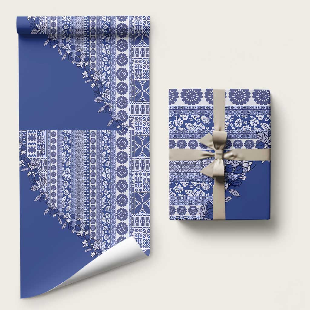 Fiji Marau na Kerisimasi Wrapping Paper Blue Tagimoucia Tapa Masi Tribal LT9 58" × 23" Blue - Polynesian Pride