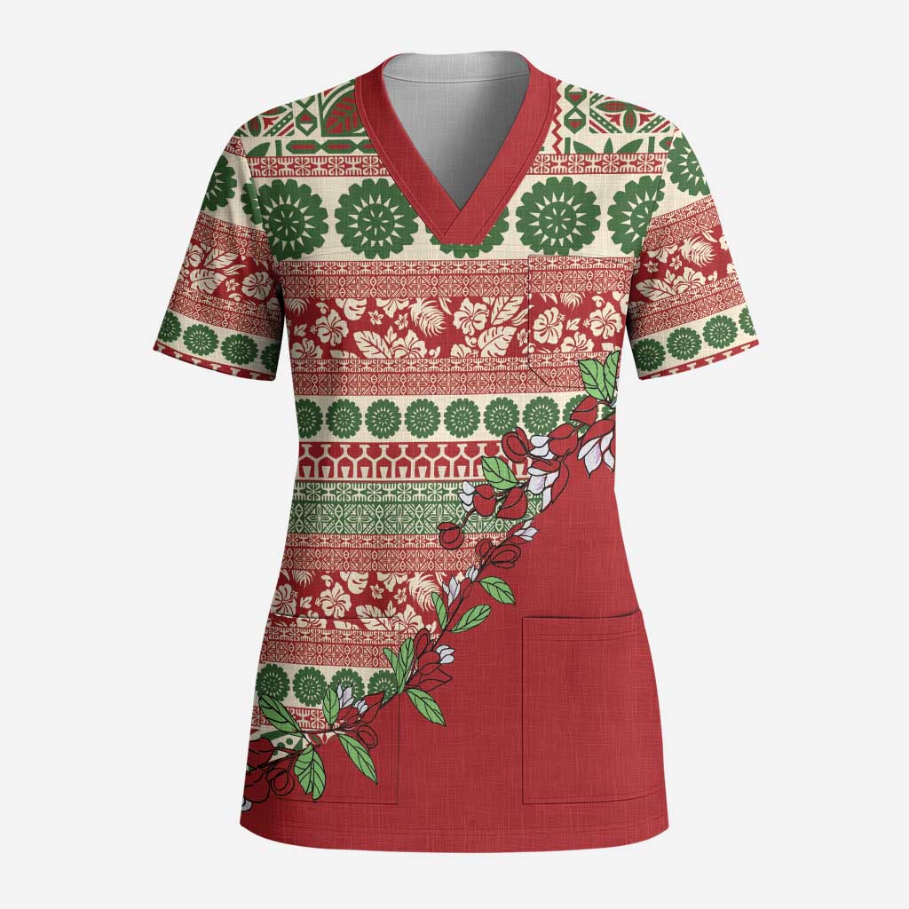 Fiji Marau na Kerisimasi Scrub Top Red Tagimoucia Tapa Masi Tribal LT9 Adult Red - Polynesian Pride