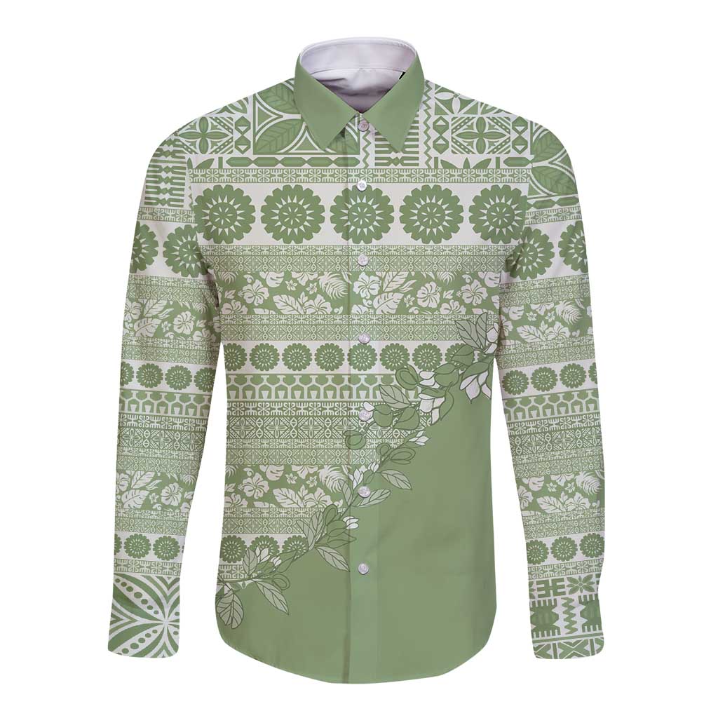 Fiji Marau na Kerisimasi Long Sleeve Button Shirt Sage Green Tagimoucia Tapa Masi Tribal LT9 Unisex Green - Polynesian Pride
