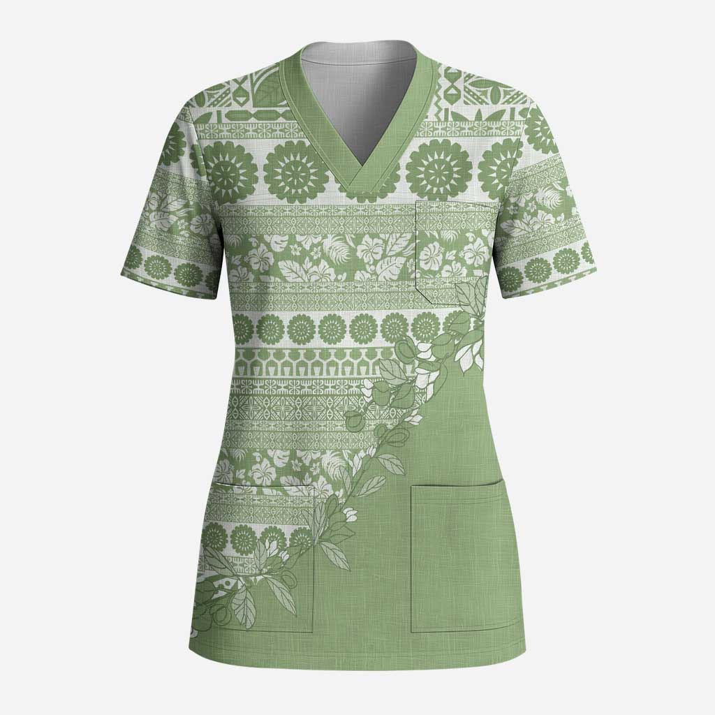 Fiji Marau na Kerisimasi Scrub Top Sage Green Tagimoucia Tapa Masi Tribal LT9 Adult Green - Polynesian Pride