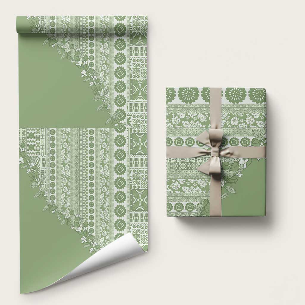 Fiji Marau na Kerisimasi Wrapping Paper Sage Green Tagimoucia Tapa Masi Tribal LT9 58" × 23" Green - Polynesian Pride
