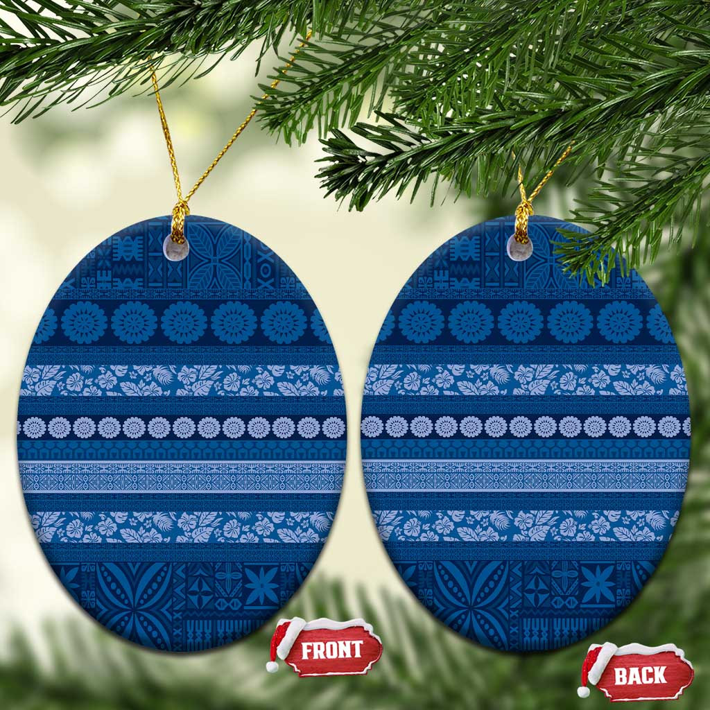 Fiji Marau na Kerisimasi Ceramic Ornament Blue Tapa Masi Inspired Christmas LT9 Oval Blue - Polynesian Pride