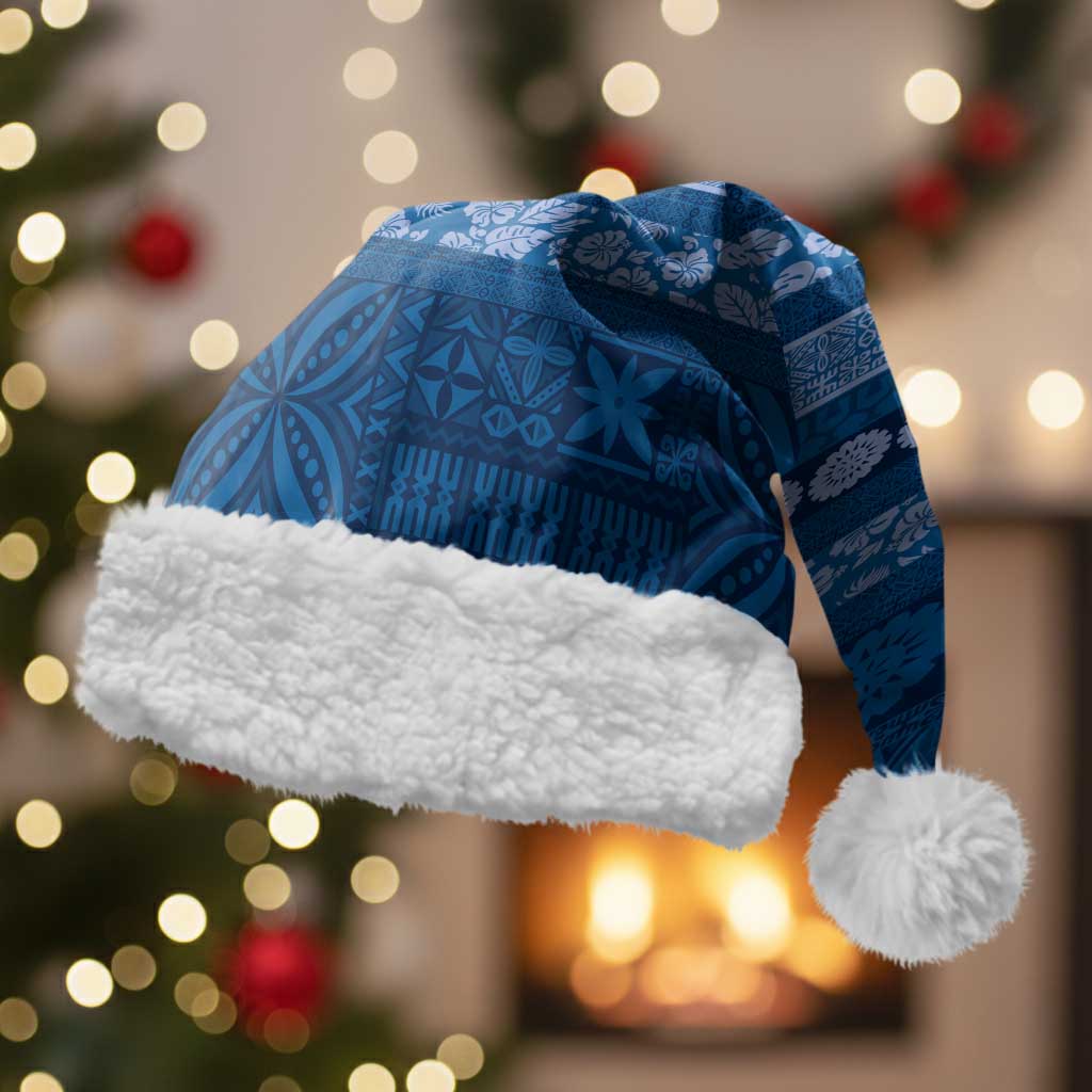 Fiji Marau na Kerisimasi Christmas Santa Hat Blue Tapa Masi Inspired Christmas LT9 With Fur Blue - Polynesian Pride