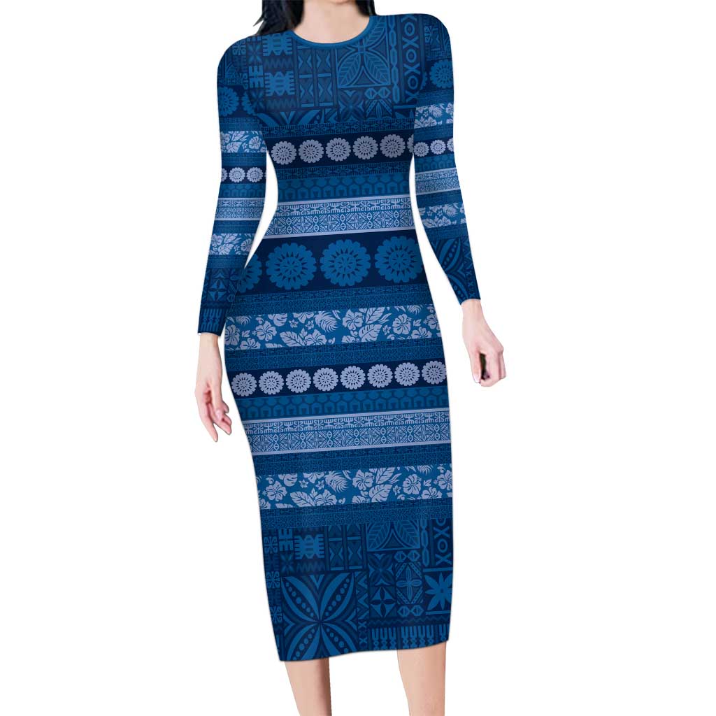 Fiji Marau na Kerisimasi Long Sleeve Bodycon Dress Blue Tapa Masi Inspired Christmas LT9 Long Dress Blue - Polynesian Pride