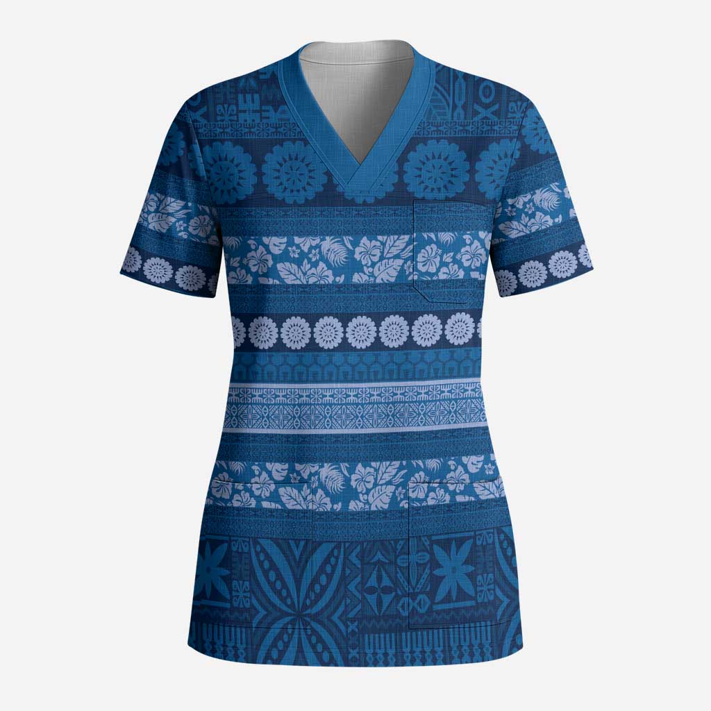 Fiji Marau na Kerisimasi Scrub Top Blue Tapa Masi Inspired Christmas LT9 Adult Blue - Polynesian Pride