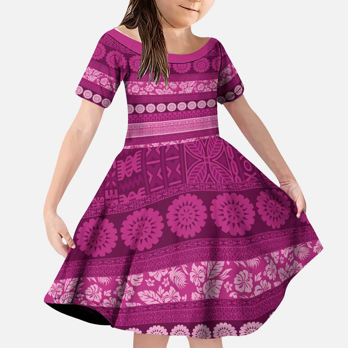 Fiji Marau na Kerisimasi Kid Short Sleeve Dress Pink Tapa Masi Inspired Christmas LT9 KID Pink - Polynesian Pride