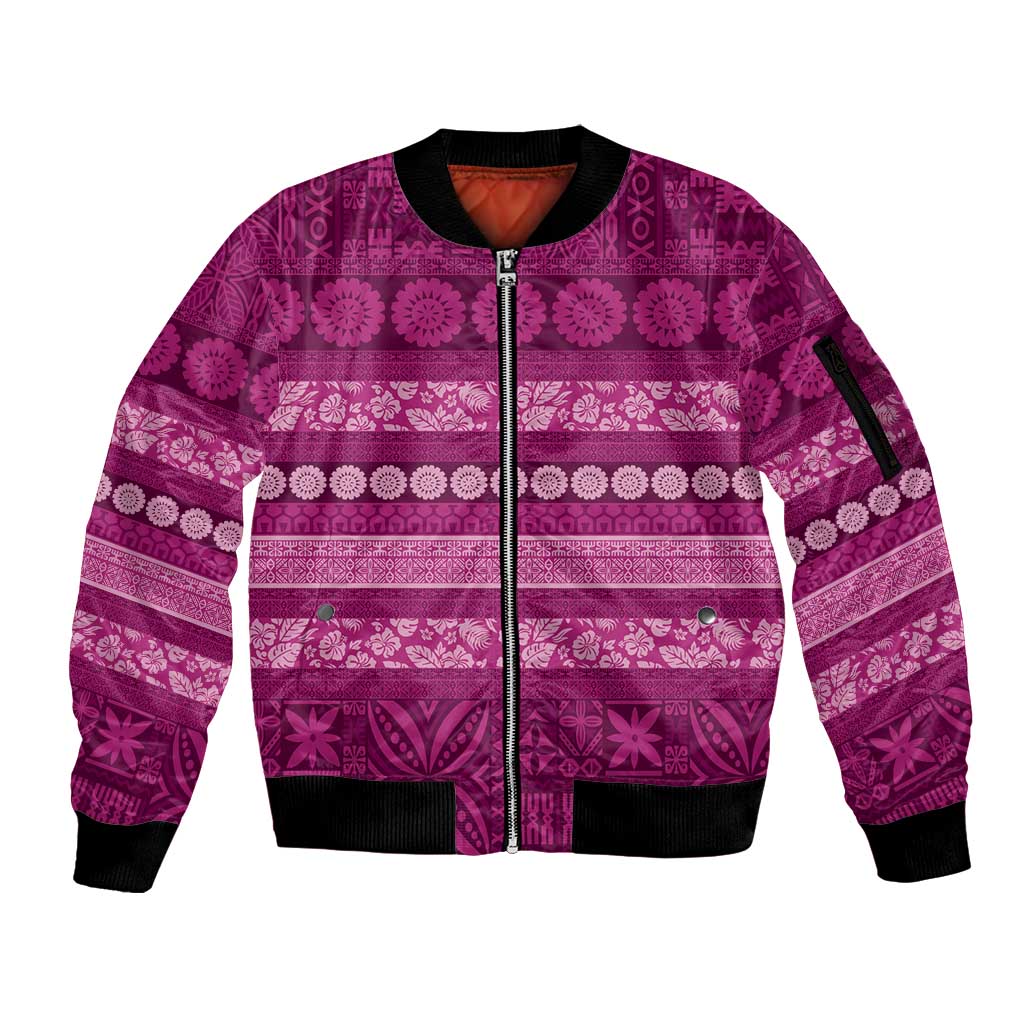 Fiji Marau na Kerisimasi Sleeve Zip Bomber Jacket Pink Tapa Masi Inspired Christmas LT9 Unisex Pink - Polynesian Pride