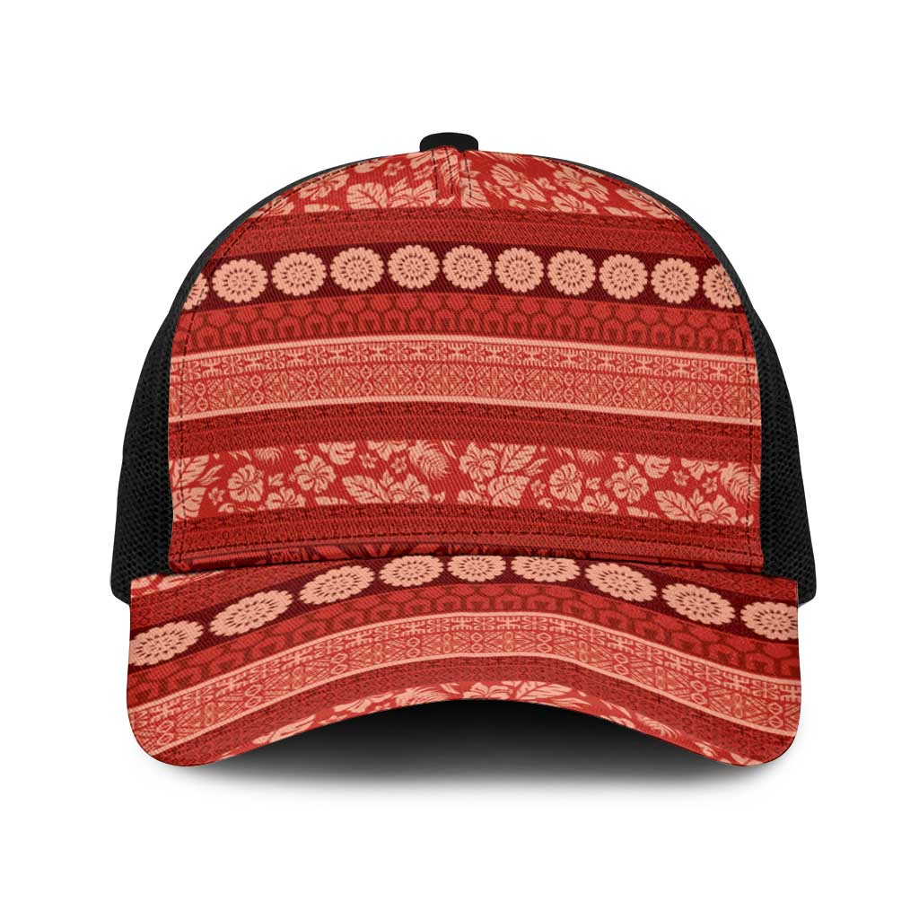 Fiji Marau na Kerisimasi Baseball Net Cap Red Tapa Masi Inspired Christmas LT9 One Size Black Red - Polynesian Pride