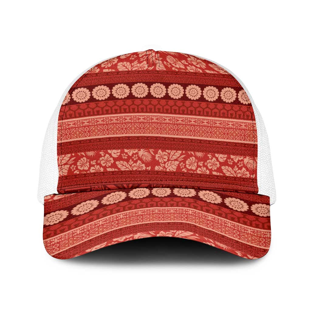 Fiji Marau na Kerisimasi Baseball Net Cap Red Tapa Masi Inspired Christmas LT9 One Size White Red - Polynesian Pride