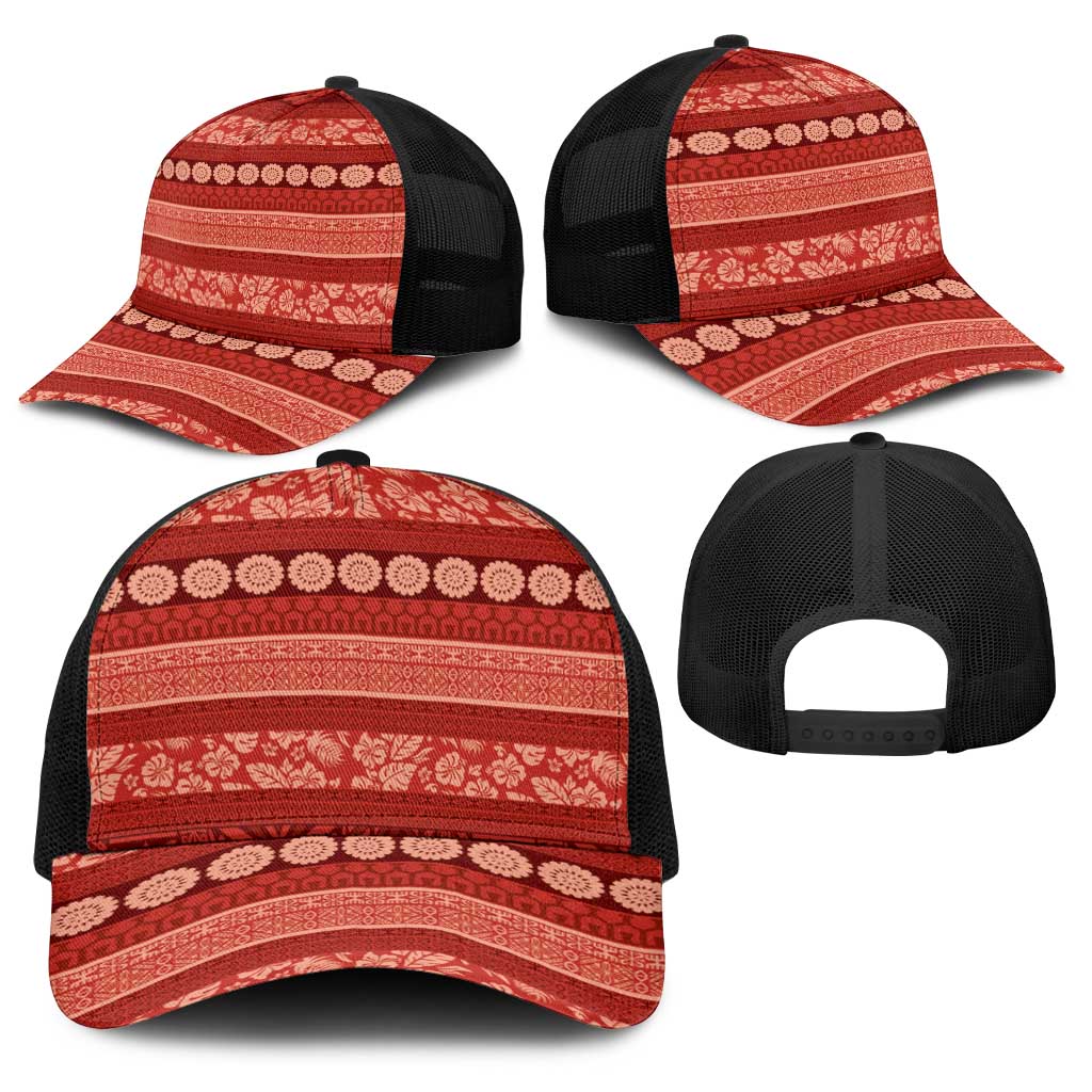 Fiji Marau na Kerisimasi Baseball Net Cap Red Tapa Masi Inspired Christmas LT9 - Polynesian Pride