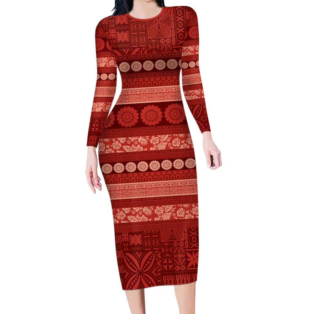 Fiji Marau na Kerisimasi Long Sleeve Bodycon Dress Red Tapa Masi Inspired Christmas LT9 Long Dress Red - Polynesian Pride