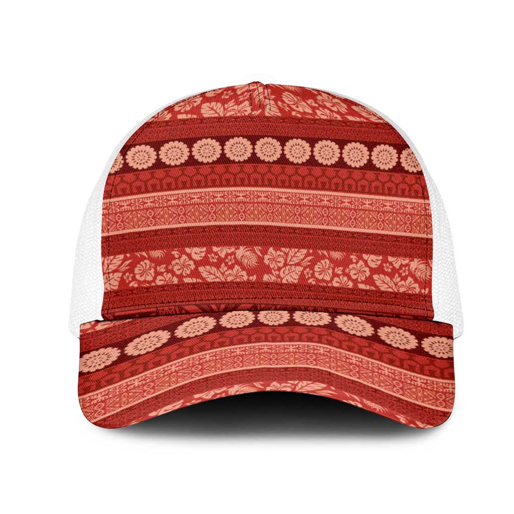 Fiji Marau na Kerisimasi Mesh Trucker Cap Red Tapa Masi Inspired Christmas LT9 One Size White Red - Polynesian Pride